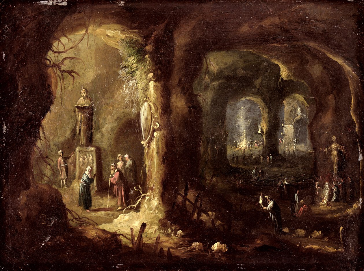 Gruta con estatuas y numerosas figuras adorando ídolos (San Simeón Estilita), c.1640 (óleo sobre cobre) de Rombout van Troyen