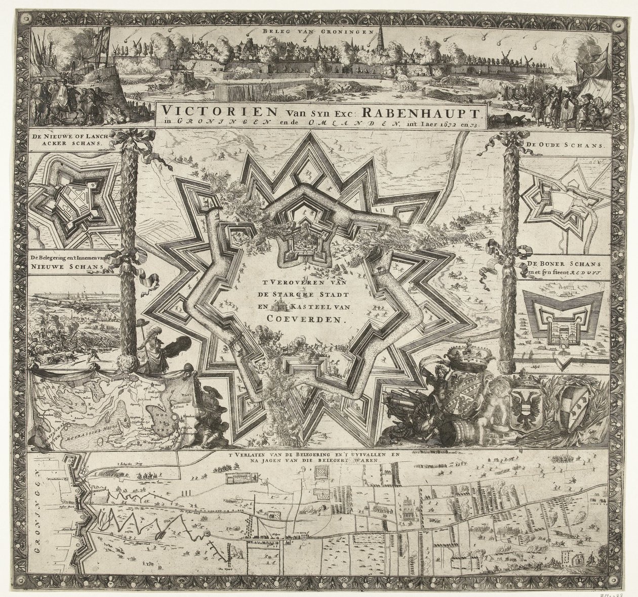 Las victorias de Rabenhaupt en Groningen en los años 1672-1673 Victorien van syn exc. Rabenhaupt, en Groningen y Omlanden, int iaer 1672 y 73 (título sobre el objeto) de Romeyn de Hooghe (attributed to)