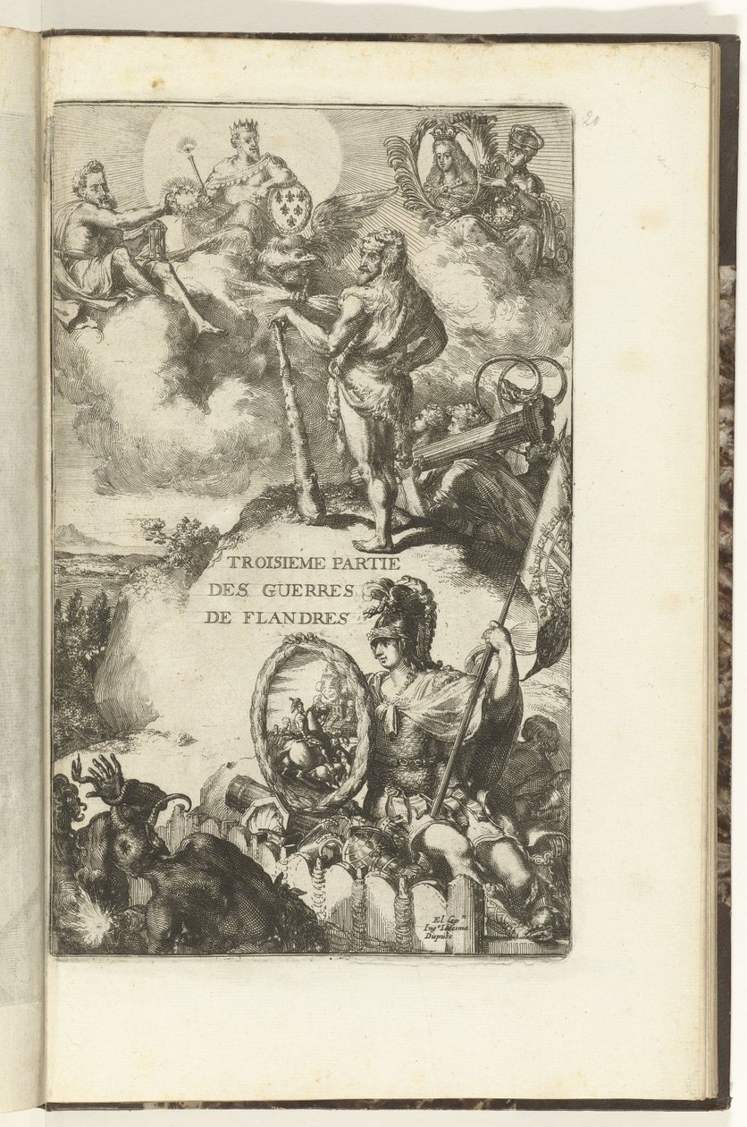 Impresión de título para la tercera parte de Guerres de Flandres Troisieme partie des Guerres de Flandres (título sobre objeto) Guerres de Flandres (título de la serie) de Romeyn de Hooghe (attributed to)