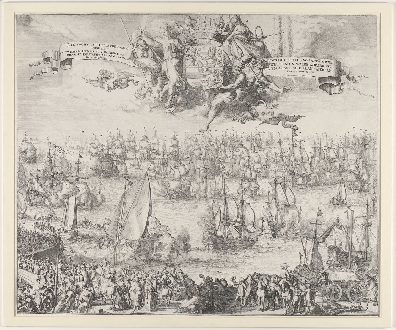 Viaje de Guillermo III a Inglaterra, 1688 Sea Tour desde Hellevoet Sluys por S.K.H. Wilhem Henrik por G. Ga. Príncipe de Orangeie Erfstadh. gorra. y Adm. Gene. van Los Estados Unidos / Por la Restauración de las Constituciones y la Religión Verdadera en En de Romeyn de Hooghe (attributed to workshop of)