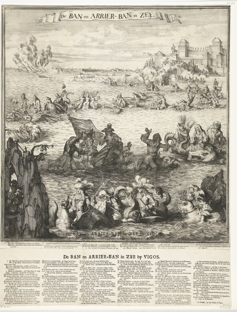 Caricatura de la toma de la flota de plata en Vigo, 1702 The Ban and Arrier-Ban in the Sea (título sobre el objeto) The Ban y Arrier-Ban in the Sea at Vigos (título sobre objeto) de Romeyn de Hooghe (possibly)