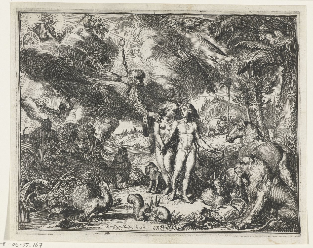 Adán y Eva en el Paraíso de Romeyn de Hooghe