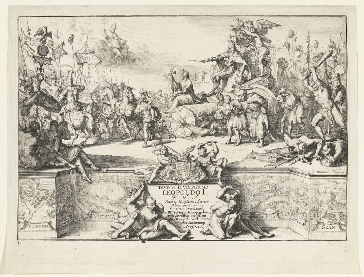 Alegoría de las victorias de Leopoldo I Divo et invictissimo Leopoldo I (título sobre objeto) Entrada de Leopoldo I en Bruselas después de derrotar a los turcos, 1686 (título de la serie) de Romeyn de Hooghe
