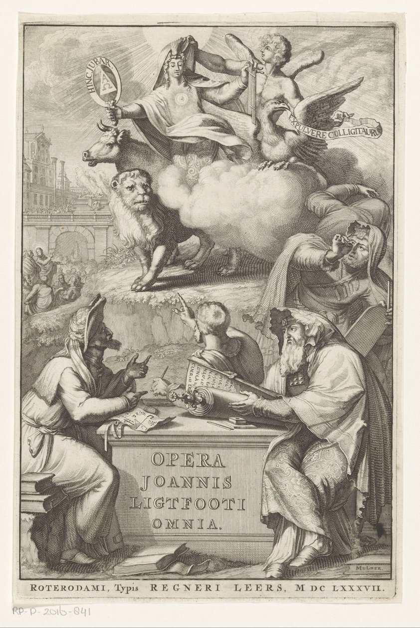 Figura alegórica con hombre judío Página de título para: John Lightfoot, Opera Joannis Ligtfooti omnia, 1686 de Romeyn de Hooghe