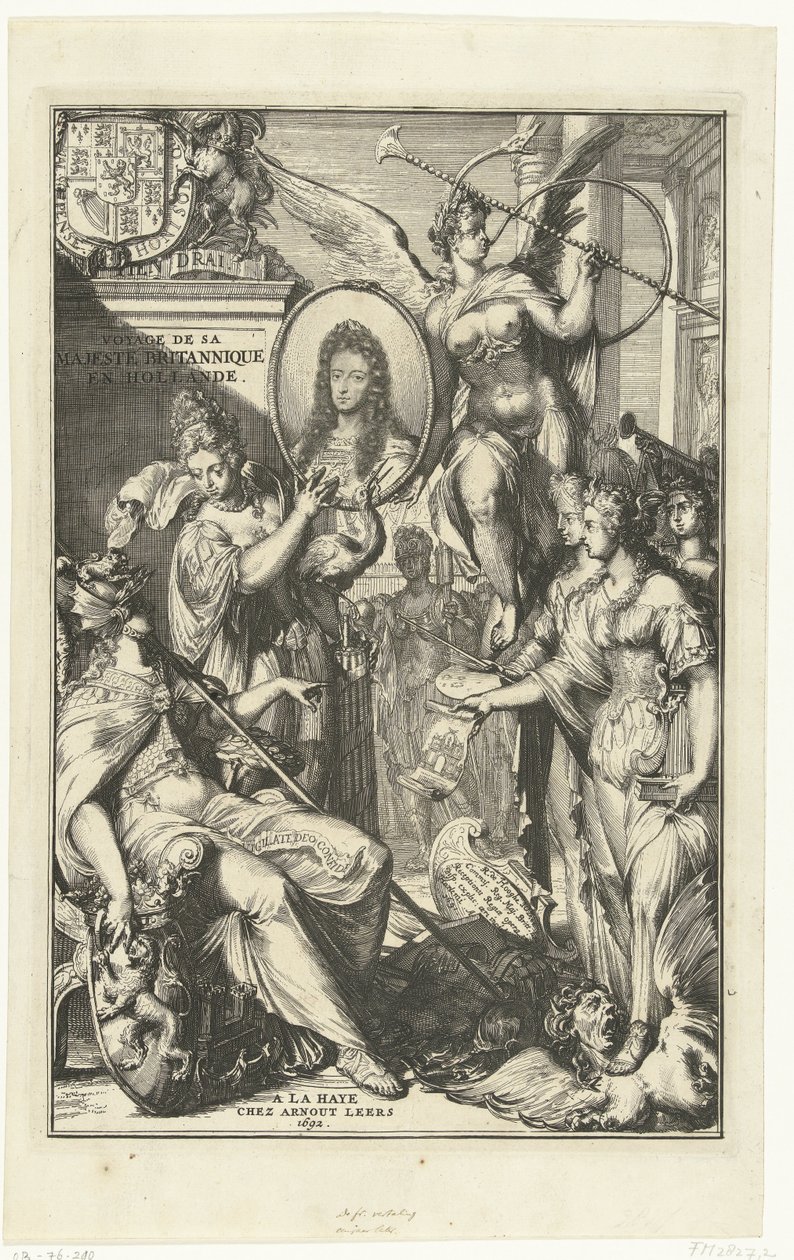 Frontispicio alegórico con retrato de Guillermo III Voyage de sa Majeste Britannique en Hollande (título sobre el objeto) de Romeyn de Hooghe