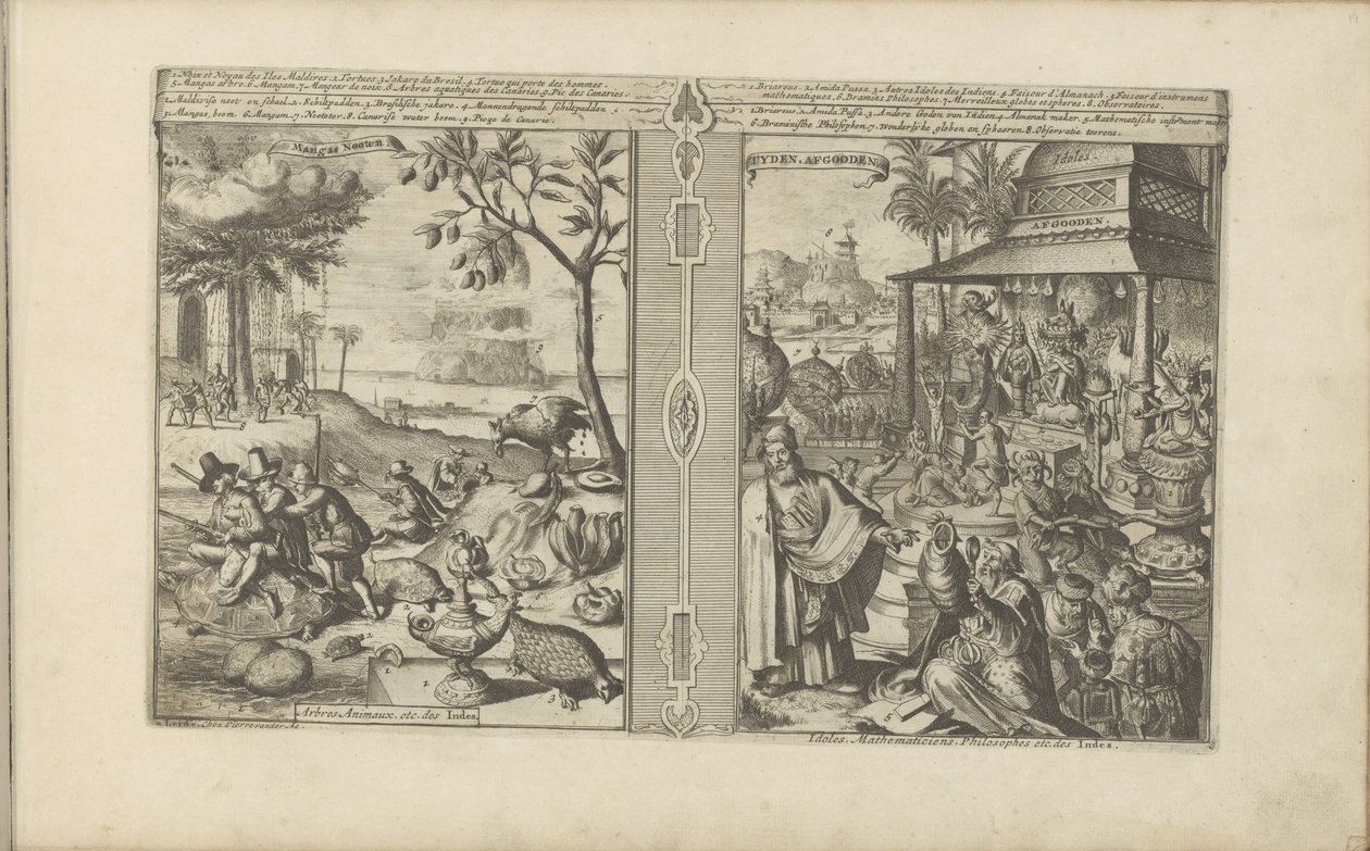 Bomen, dieren en noten; Verering van godsbeelden Mangas Nooten / Árboles, Animales, etc. de la India // Tyden, Afgoden / Ídolos, matemáticos, filósofos, etc. de la India (título sobre el objeto) Las Indias Orientales y Occidentales y otros lugares (título  de Romeyn de Hooghe