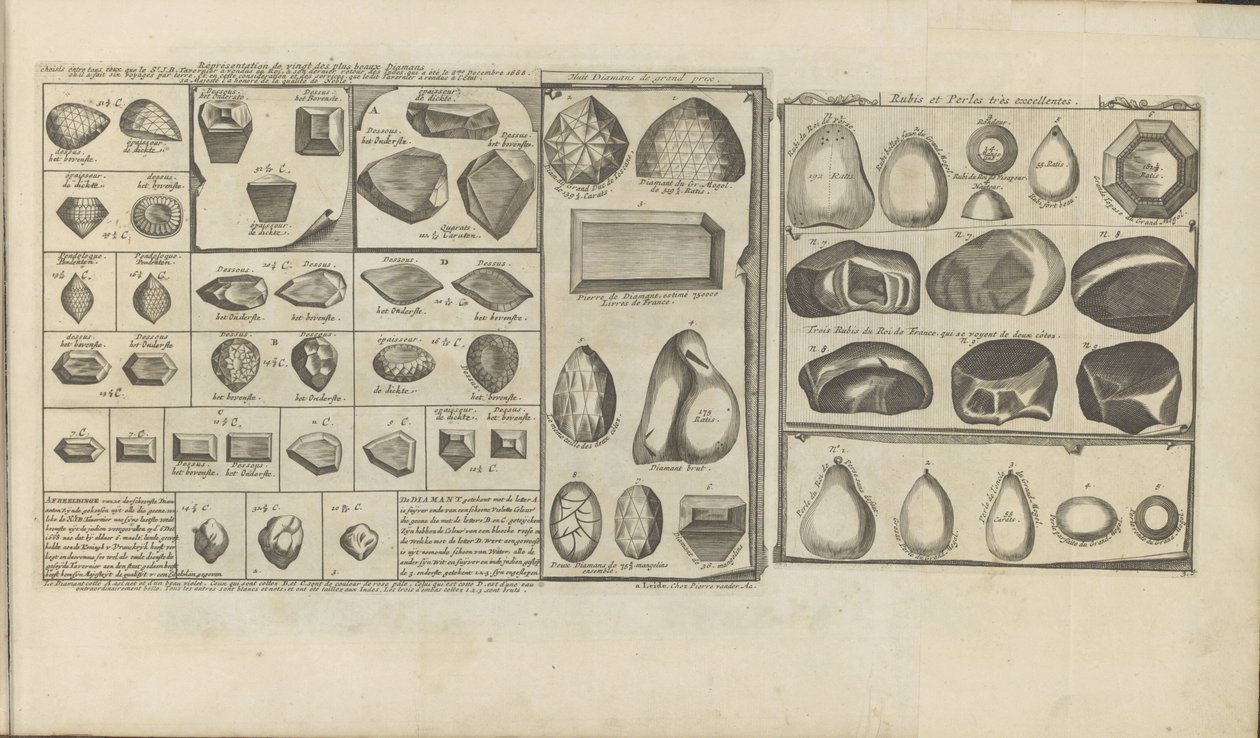 Diamanten, robijnen in parels Representación de veinte de los diamantes más hermosos / Afbeeldinge van 20 der schoonste diamanten // Ocho diamantes de gran precio // Excelentes rubíes y perlas (título sobre el objeto) Las Indias Orientales y Occidentales y de Romeyn de Hooghe