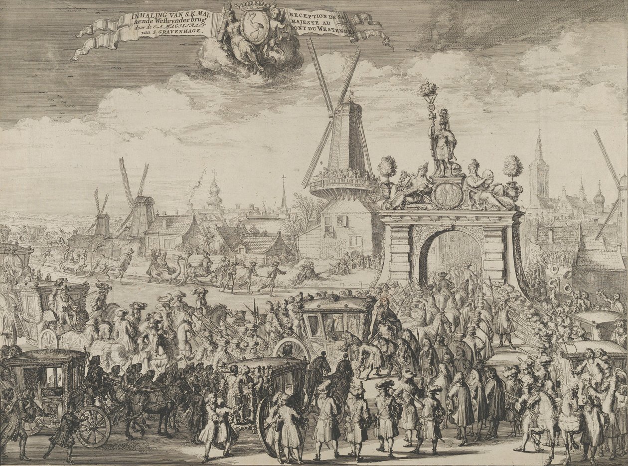 Entrada de Guillermo III en La Haya Inhalando van S.K. Maj. aende Westeynder brug door..., 1691 de Romeyn de Hooghe