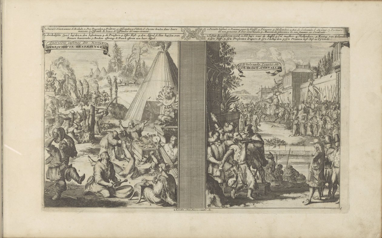 Médicos en Arclada; Jesuita afeitado por un maestro de peaje en Golkonda Guerisons infames des Arclades / Rude Healings // Roi de Golconde, Douane, etc / Tolrecht, en Cases (título sobre objeto) Les Indes Orientales et Occidentales et autres de Romeyn de Hooghe
