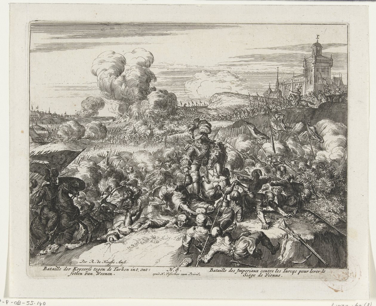 Batallas entre Habsburgo y Turcos en las afueras de Viena Bataille der Keyserse contra los turcos int desetten van Weenen (título sobre objeto) de Romeyn de Hooghe