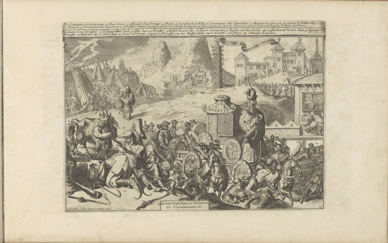 Actos y Ceremonias Religiosas en India Servicio del diablo y los ídolos / Servicio Diabolique et Idolatres des Circassiens, etc. (título sobre el objeto) Les Indes Orientales et Occidentales et autres lieux (título de la serie) de Romeyn de Hooghe