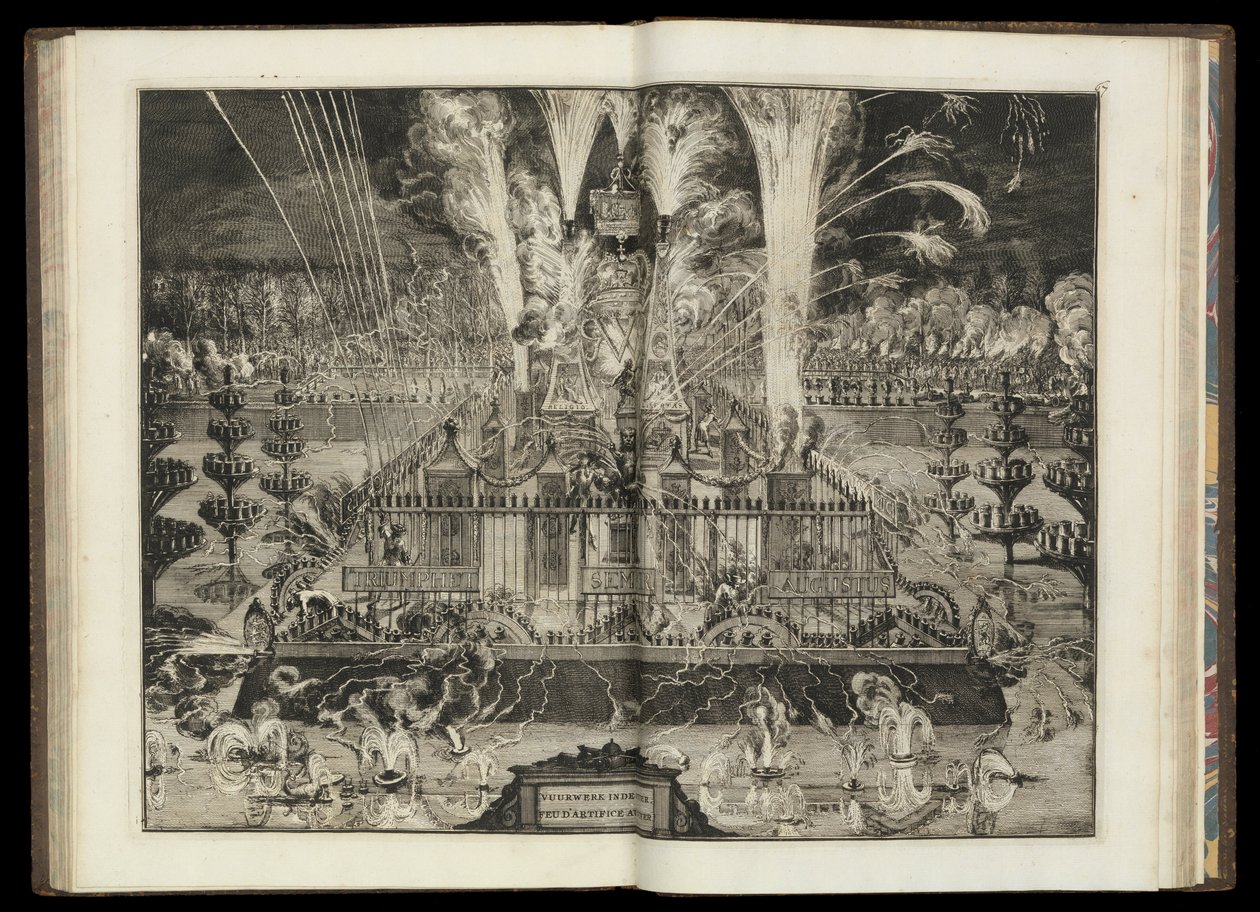 Gran espectáculo de fuegos artificiales. De "El regreso triunfal de su Majestad Británica a Holanda" (CBL AL 146, pl.67) de Romeyn de Hooghe