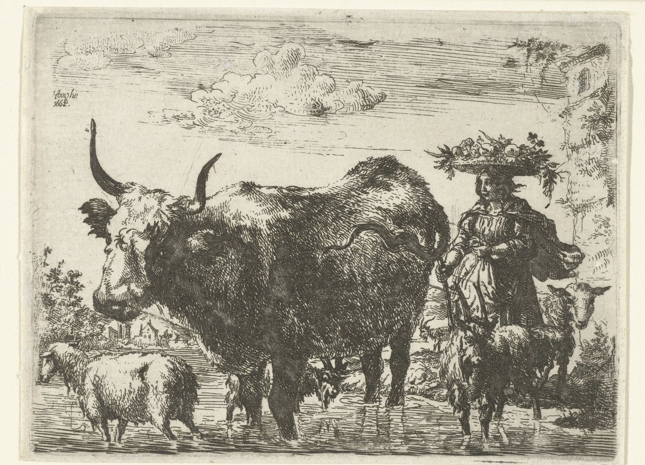 Pastora con cesta en la cabeza, una vaca, dos cabras y dos ovejas en el agua de Romeyn de Hooghe