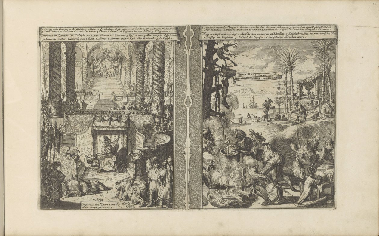 corte del emperador tártaro; Tapoeiers brasileños preparan su comida Tartarische Keyzer / Empereur des Tartares et sa magnificence // Brasiliaensche Clothing / Brasiliens, Tapuyers, etc. (título sobre el objeto) Les Indes Orientales et Occidentales et autr de Romeyn de Hooghe