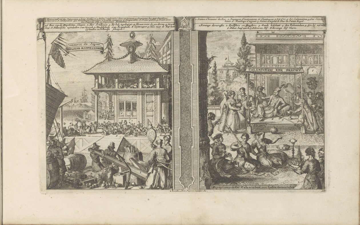 Koophandel japonés; Hof van de koning van de Calaminhans Japanse koophandel / Comercio de Japón // Calaminhans Eer Pracht / Magnificencia del rey Calaminhan, en las Indias Orientales (título sobre objeto) Las Indias Orientales y Occidentales y otros lugare de Romeyn de Hooghe