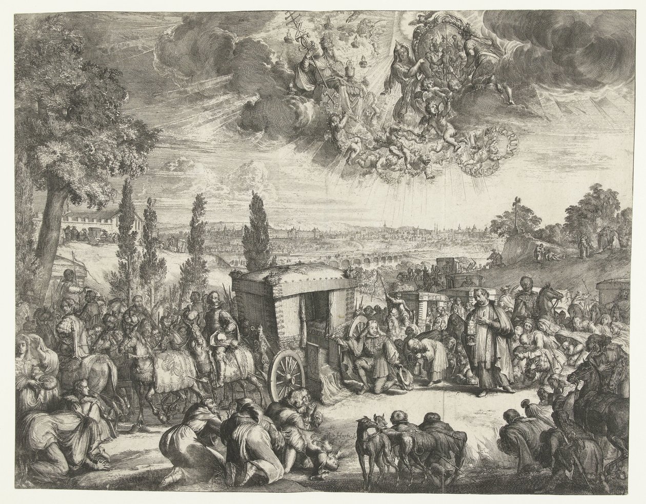 Carlos II de España arrodillado junto a un carruaje de Romeyn de Hooghe