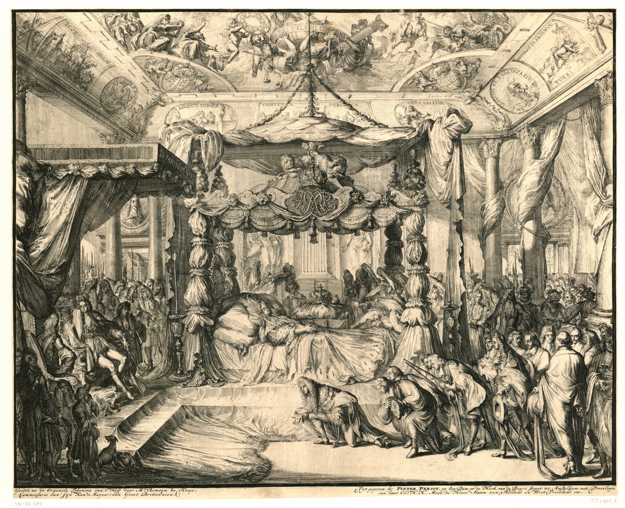 La reina María II Estuardo en su lecho de muerte, 1695 La muerte y el entierro de María II Estuardo, reina de Inglaterra, 1695 (título de la serie) de Romeyn de Hooghe