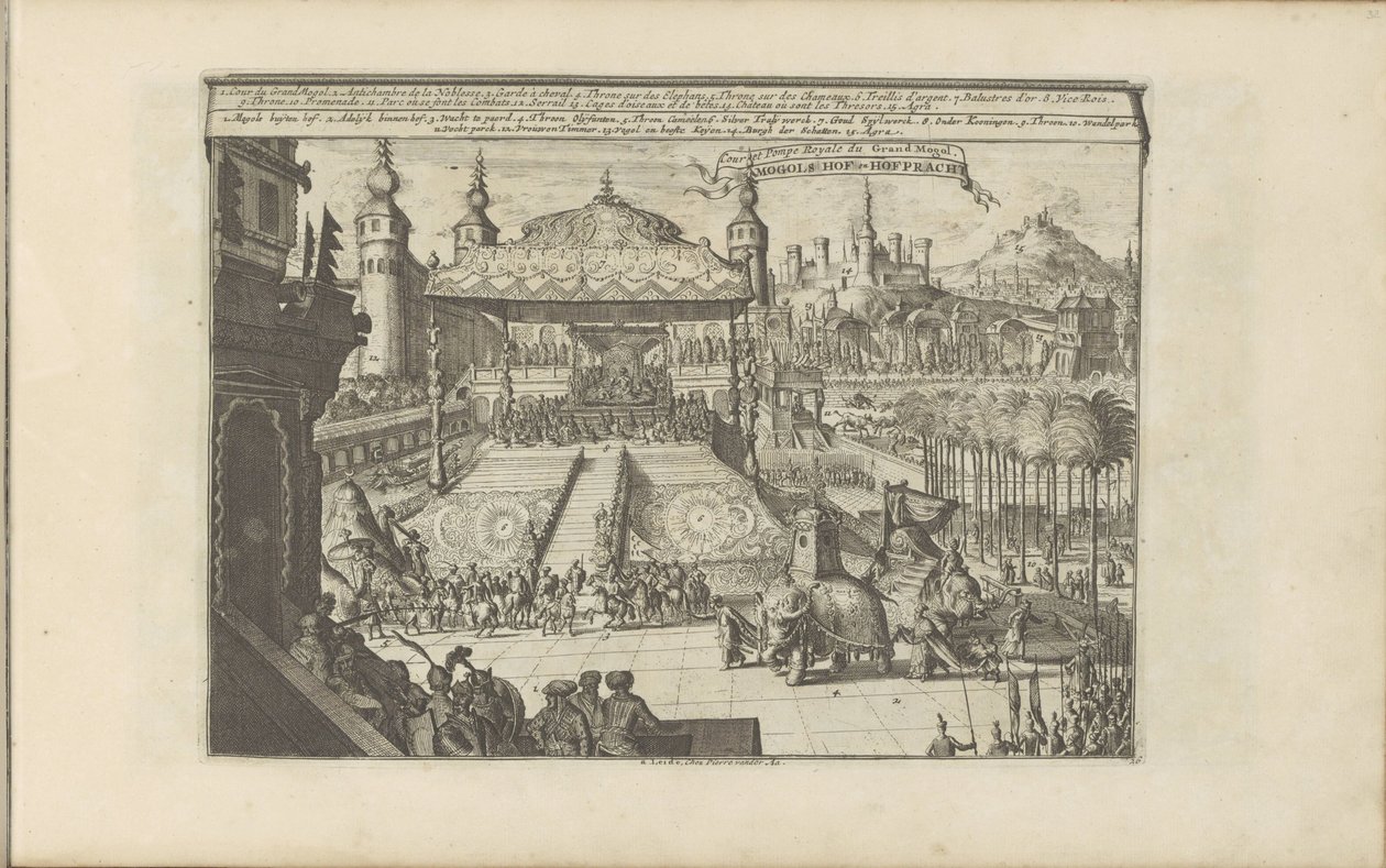 Koninklijkhof en Mongolia Mongols Hof en Hofpracht / Court and Royal Pump of the Great Mogul (título sobre el objeto) Las Indias Orientales y Occidentales y otros lugares (título de la serie) de Romeyn de Hooghe