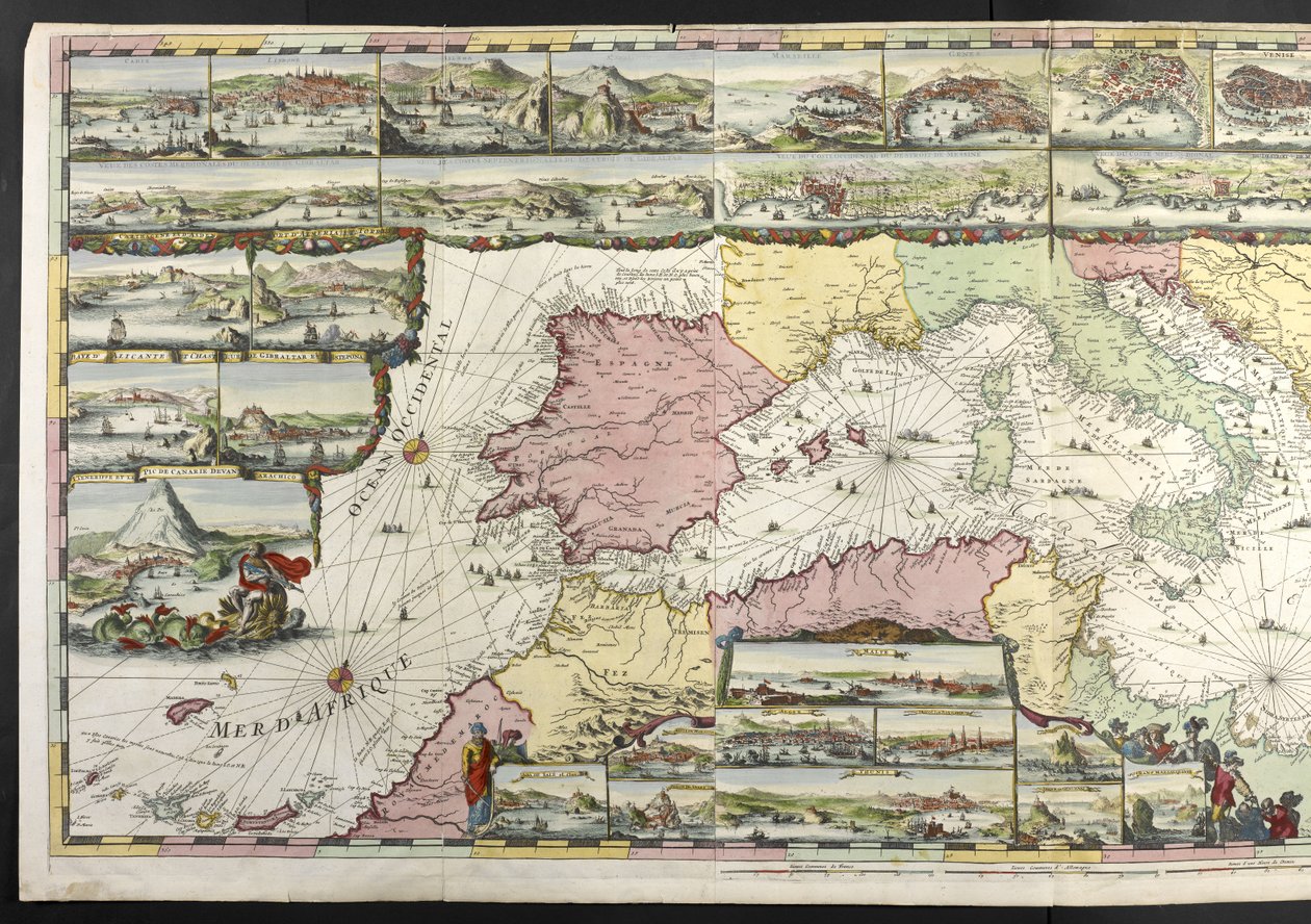 Mapa del Mediterráneo con figuras alegóricas y monstruos marinos adornando los insertos, de "De Fransche Neptunus y Atlas Maritime y Suite du Neptune François", de Charles Pene y Pieter Mortier de Romeyn de Hooghe