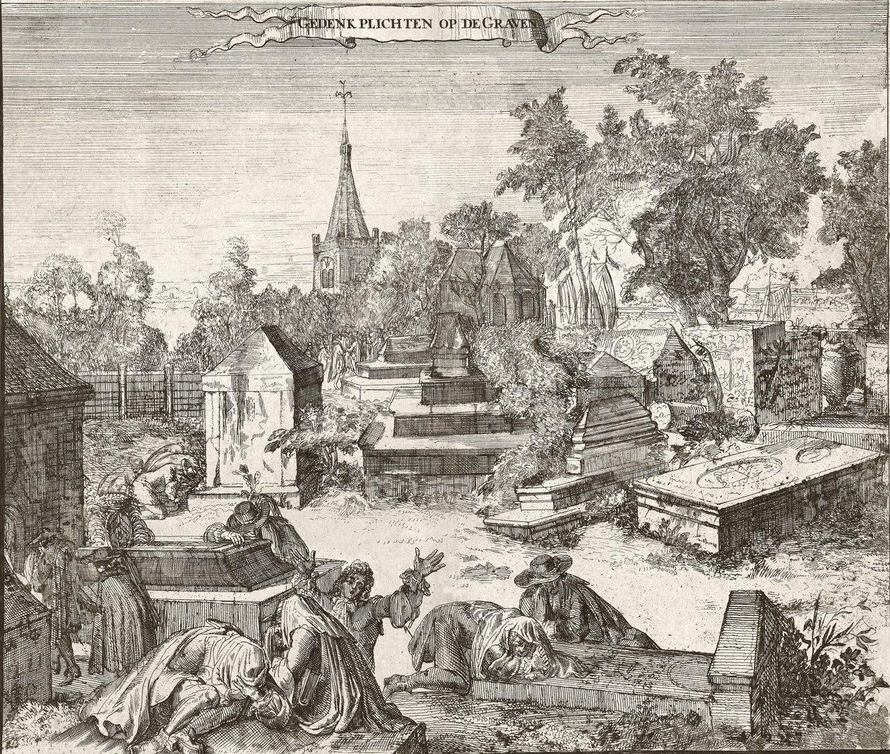 Luto en el cementerio portugués-judío de Beth Haim de Ouderkerk en el Amstel en los Países Bajos - Grabado de Romeyn de Hooghe de Romeyn de Hooghe