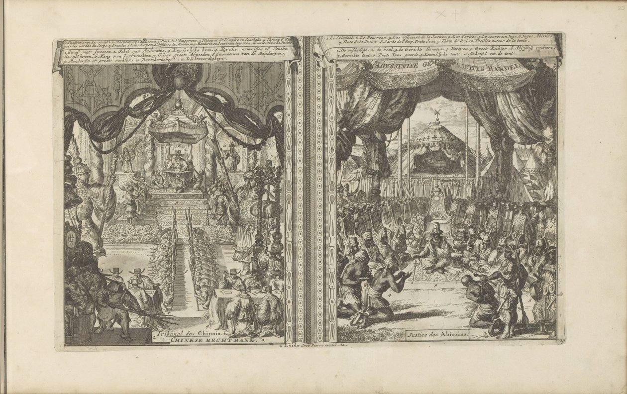 Rechtbank en China en Abbesinië Chinese rechtbank / tribunal des Chinois // Abyssinise Gerichts Handel / Justice des Abissins (título sobre el objeto) Las Indias Orientales y Occidentales y otros lugares (título de la serie) de Romeyn de Hooghe