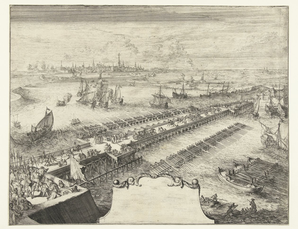 Puente de la nave de Parma sobre el Escalda, 1585 Guerres de Flandres (título de la serie) de Romeyn de Hooghe