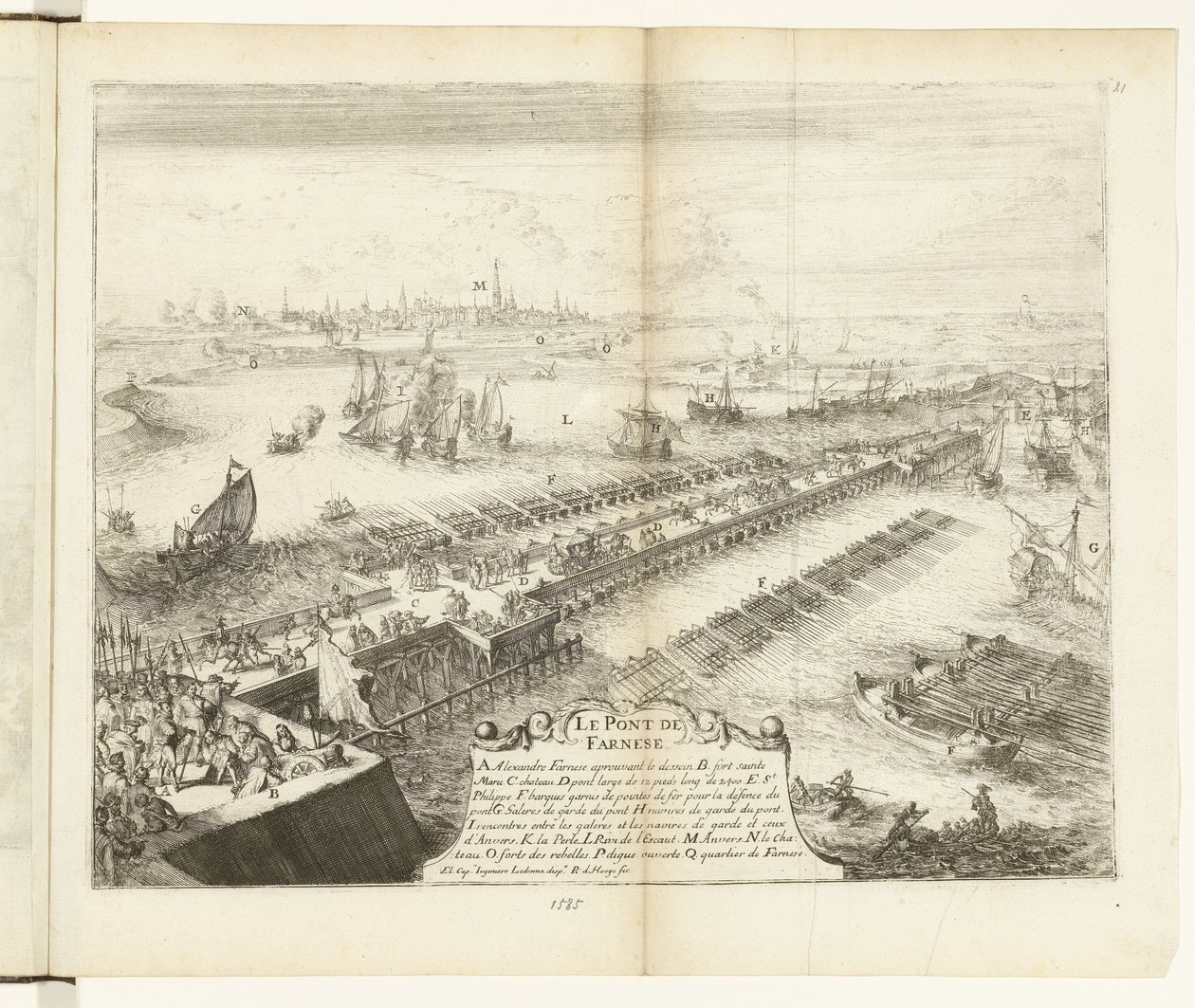 Puente de la nave de Parma sobre el Escalda, 1585 Le Pont de Farnese (título sobre objeto) Guerres de Flandres (título de la serie) de Romeyn de Hooghe