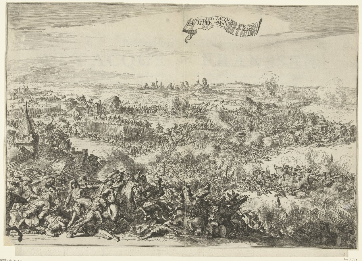 Batalla de Seneffe, 1674 Vidente furioso Attacque se convierte en un Bataille entre los ejércitos de los Geallie. en der Fransen (título sobre objeto) Descripción del Furious Attacque der Franssen, On the Bagagie of the Army of the Allied: Se convierte en  de Romeyn de Hooghe