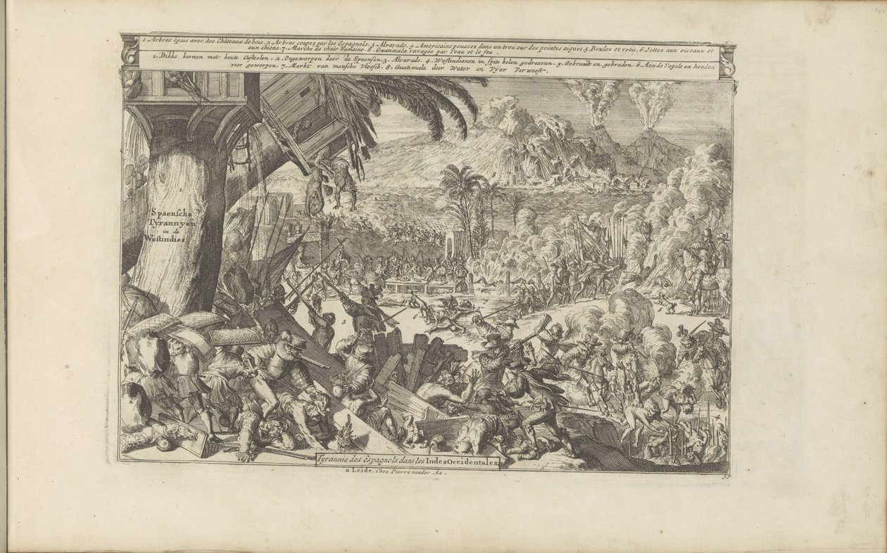 Spaanse wreedheden en West-Indië Spaensche Tyrannyen in de Westindies / Tiranía de los españoles en las Indias Occidentales (título sobre objeto) Las Indias Orientales y Occidentales y otros lugares (título de la serie) de Romeyn de Hooghe