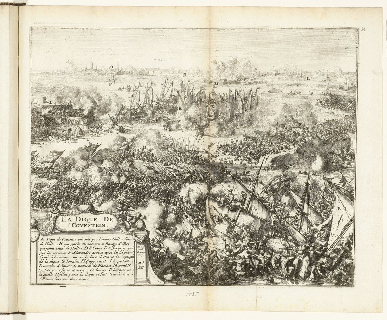 Batalla por el dique Kauwenstein, 1585 La digue de Covestein (título sobre objeto) Guerres de Flandres (título de la serie) de Romeyn de Hooghe