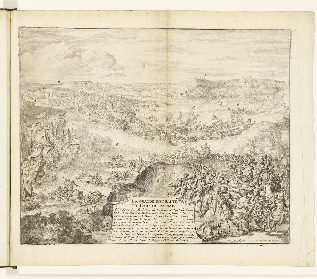 Retiro del ejército del duque de Parma, 1592 La grande retiro du duc de Parme (título sobre objeto) Guerres de Flandres (título de la serie) de Romeyn de Hooghe