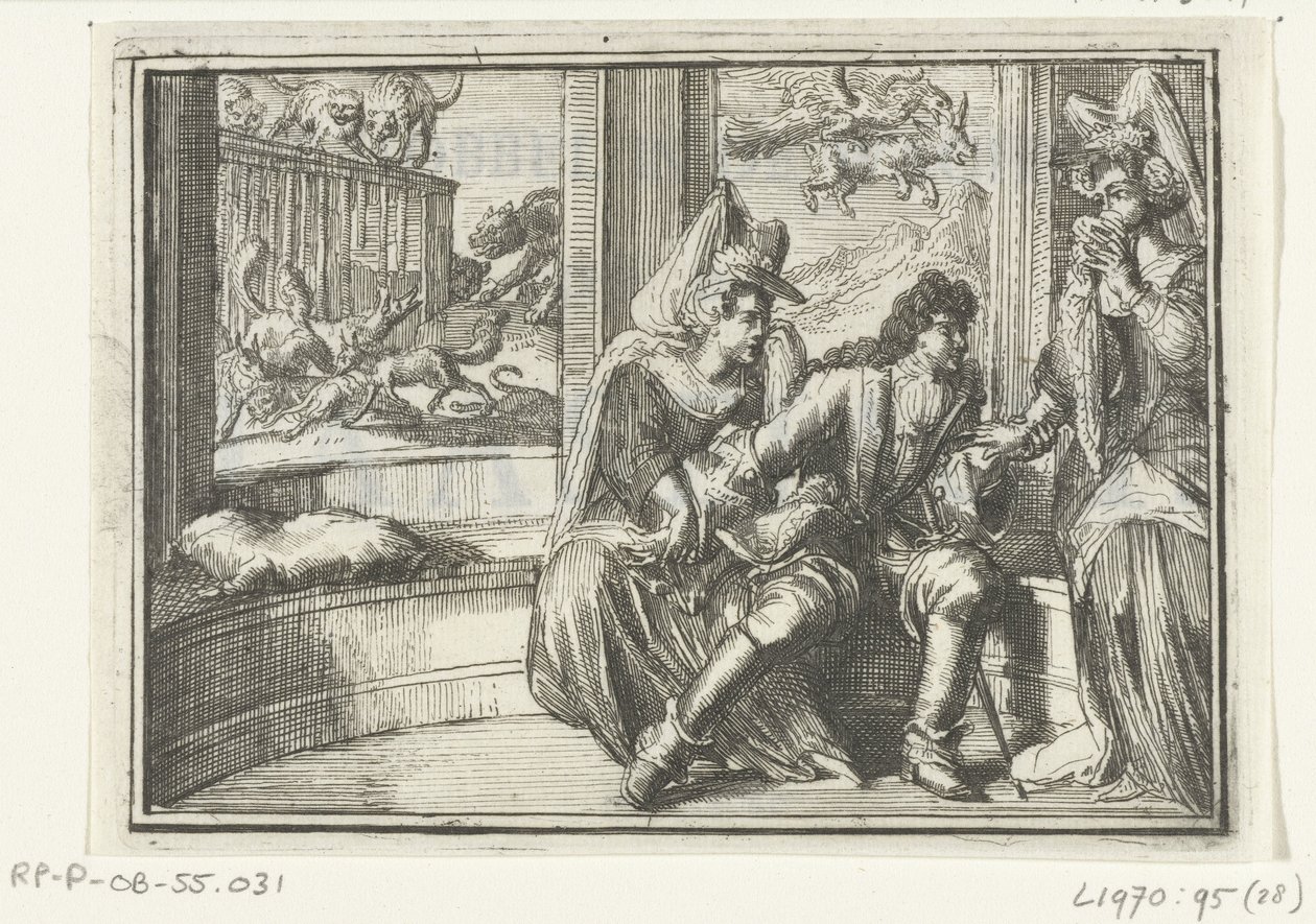 Portada del folleto: The Bump in the Guard, en el Haasejagt, 1702 The Bump in the Guard, en el Haasejagt (título sobre el objeto) Esopus en Europa (título de la serie) de Romeyn de Hooghe