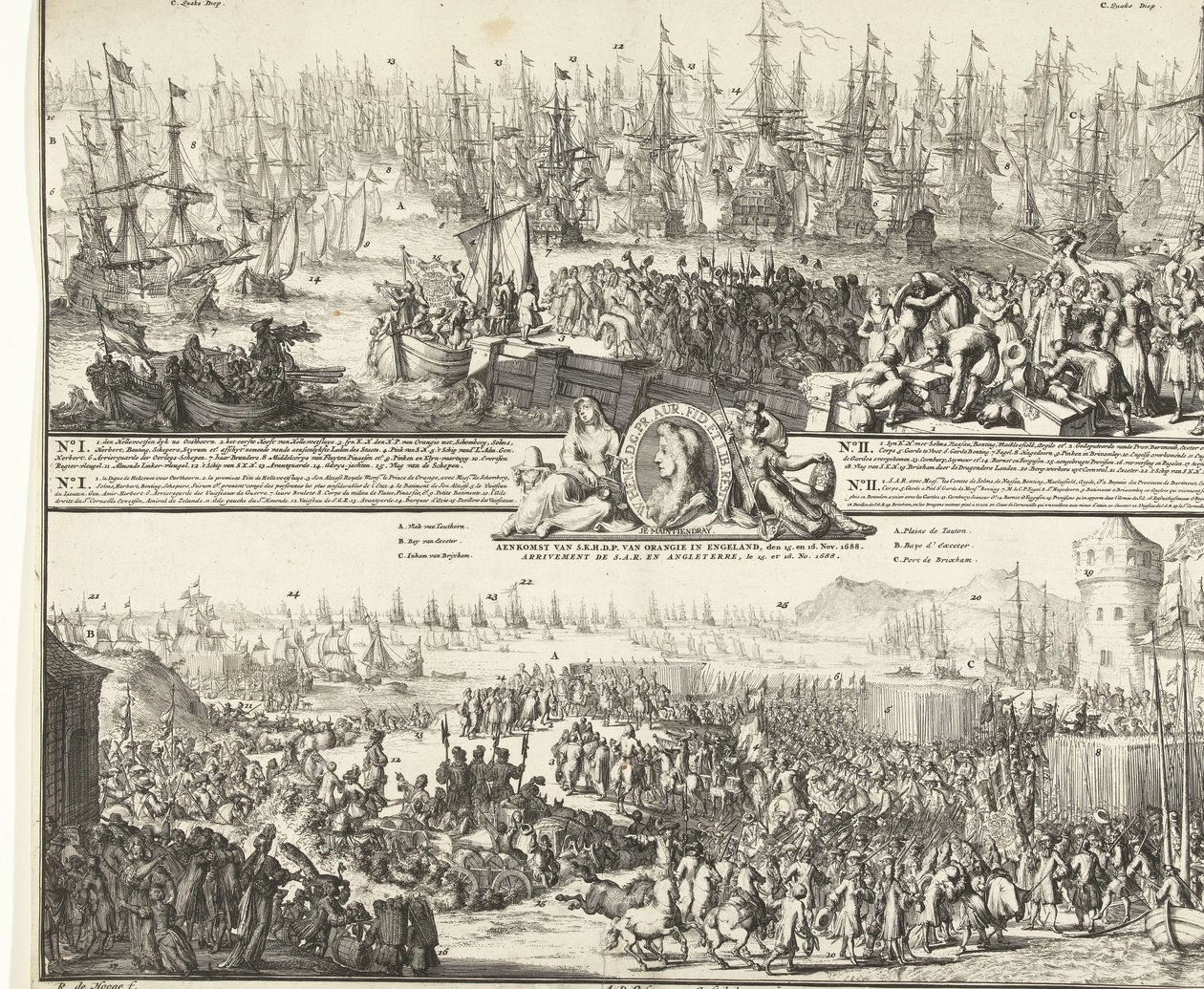 Viaje de Guillermo III a Inglaterra, 1688 Salida de S.K.H. después de Inglaterra, el 11 de noviembre. 1688 / Llegada de S.K.H.D.P. de Orange en Inglaterra, los días 15 y 16 de noviembre. 1688 (título sobre el objeto) Departamento de la R.A.S. para Angleter de Romeyn de Hooghe