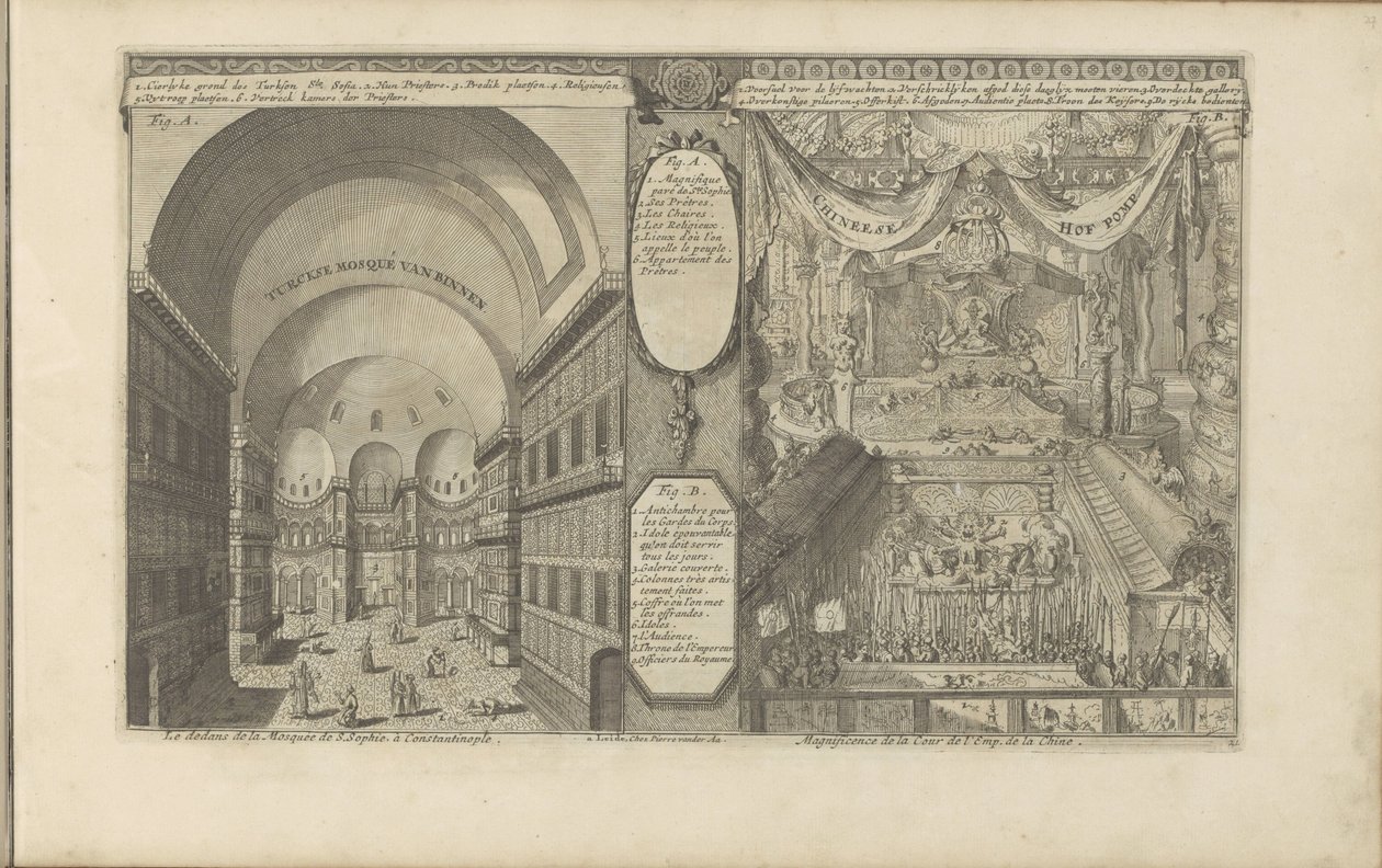 Mezquita Turkse en Constantinopel; Keizerlijkhof en China Turksche se burla de van binnen / El interior de la Mezquita de Santa Sofía, en Constantinopla // Chineese Hof Pomp / Magnificencia de la Corte de Emp. de China. (título en el objeto) Las Indias Ori de Romeyn de Hooghe