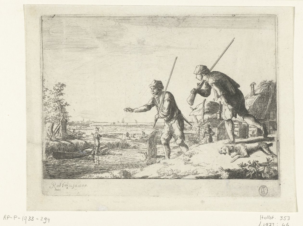 Dos soldados en la orilla de un río. de Romeyn de Hooghe