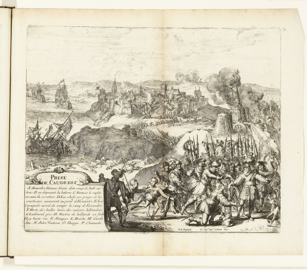 Verovering van Caudebec, 1592 Captura de Caudebec (título sobre objeto) Guerras de Flandes (título de la serie) de Romeyn de Hooghe