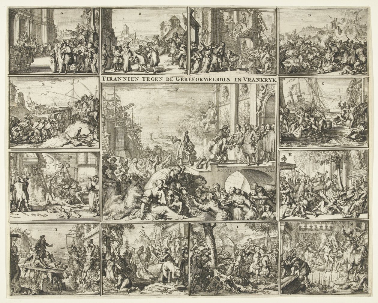 Persecución de los protestantes en Francia tras la revocación del Edicto de Nantes, 1685-1686 Tirano contra los reformados en Vrankrijk (título sobre objeto) de Romeyn de Hooghe