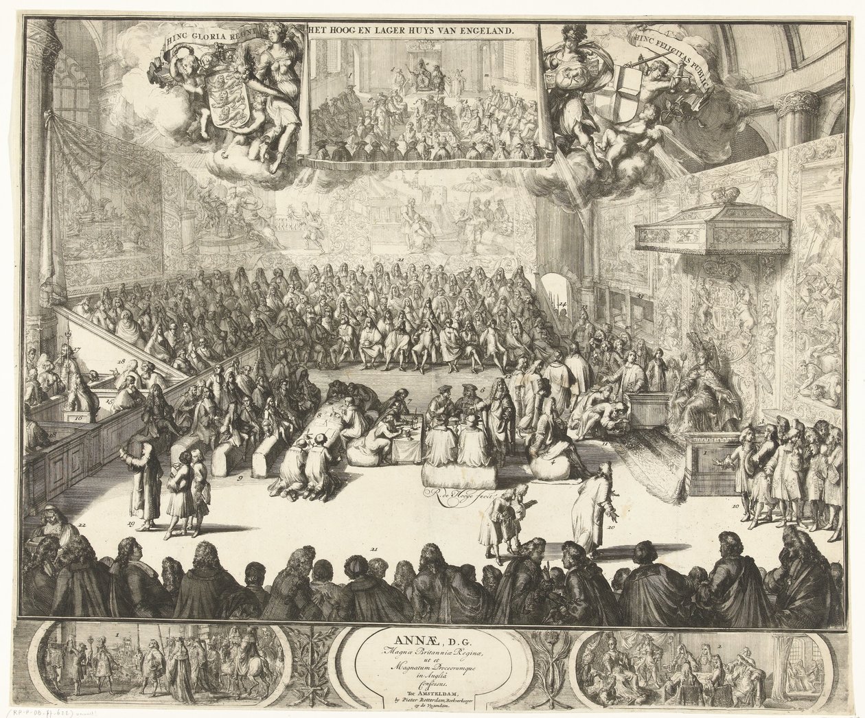 Zitting van het Lagerhuis conoció a koningin Anna op de troon, 1702 Ana, D.G. La Reina de Gran Bretaña, así como los Grandes Príncipes de Inglaterra Confesaron (título sobre el objeto) de Romeyn de Hooghe