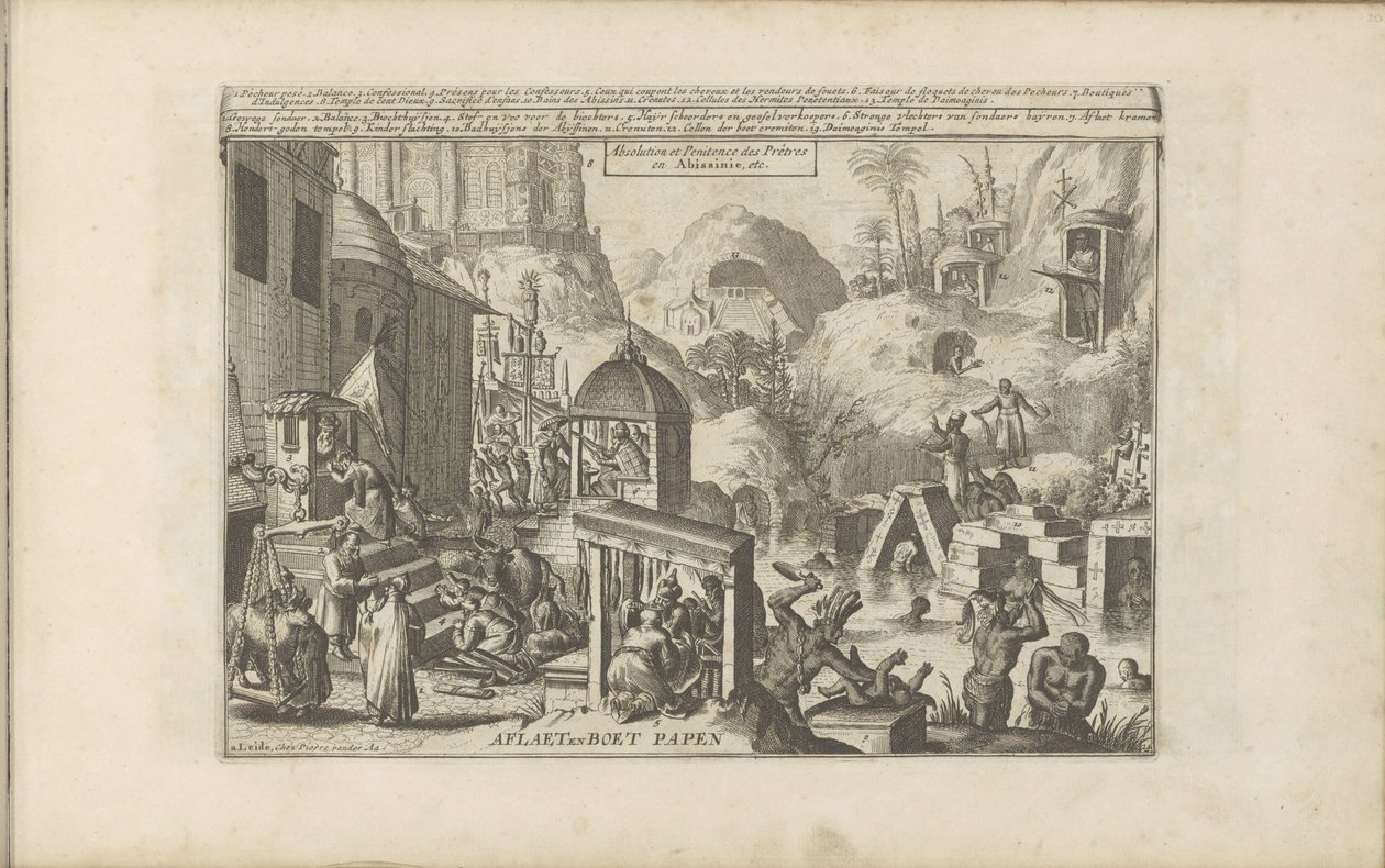 zona en caja Aflaet en Boet Papen / Absolución y penitencia de los sacerdotes en Abissinia, etc. (título en el objeto) Las Indias Orientales y Occidentales y otros lugares (título de la serie) de Romeyn de Hooghe