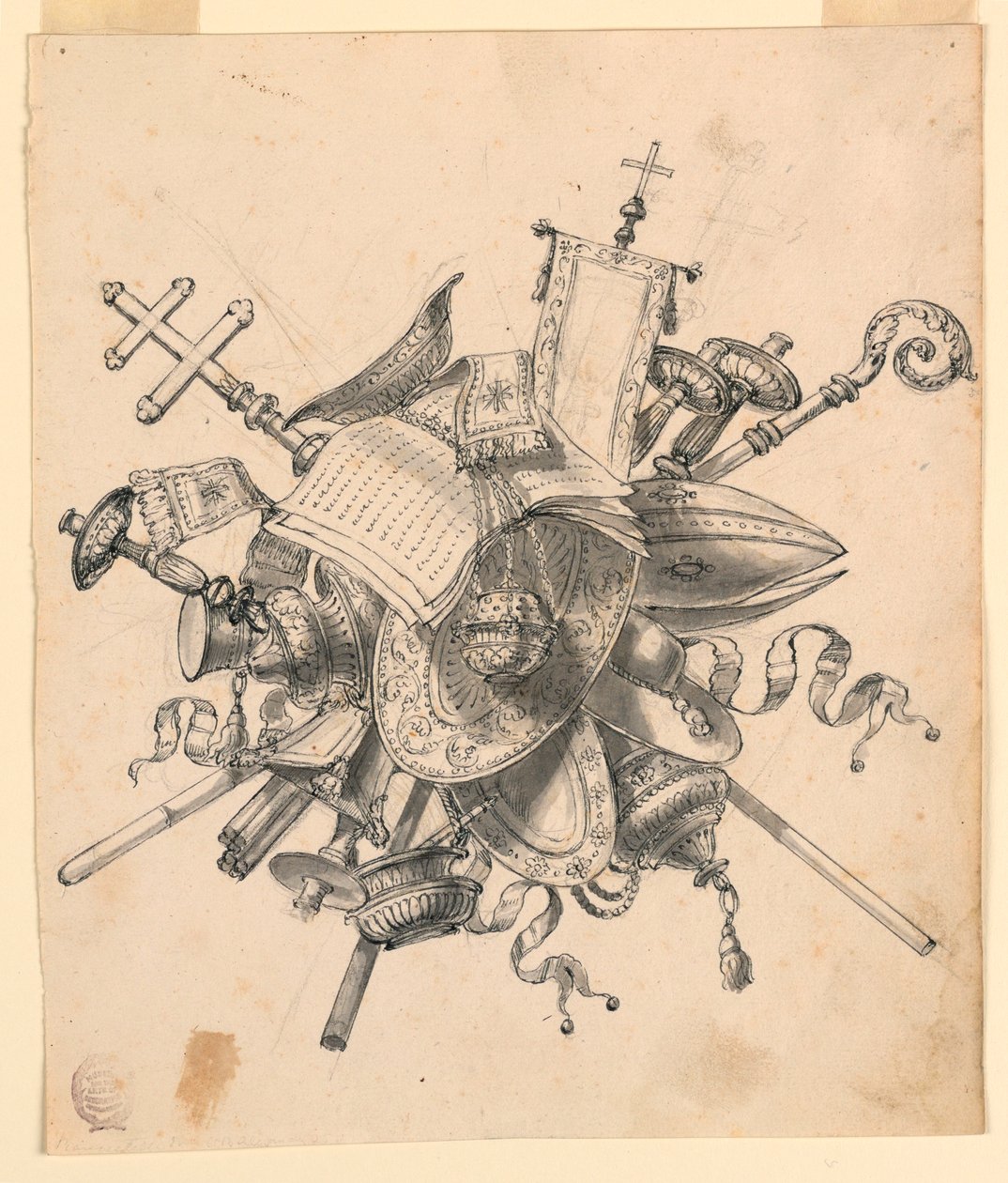 Dibujo, Trofeo con objetos eclesiásticos, 1830-1850 de Romolo Achille Liverani