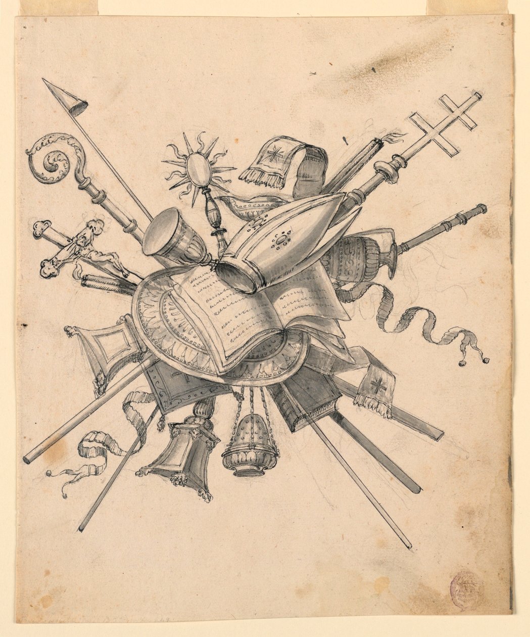 Dibujo, Trofeo con objetos eclesiásticos, 1830-1850 de Romolo Achille Liverani