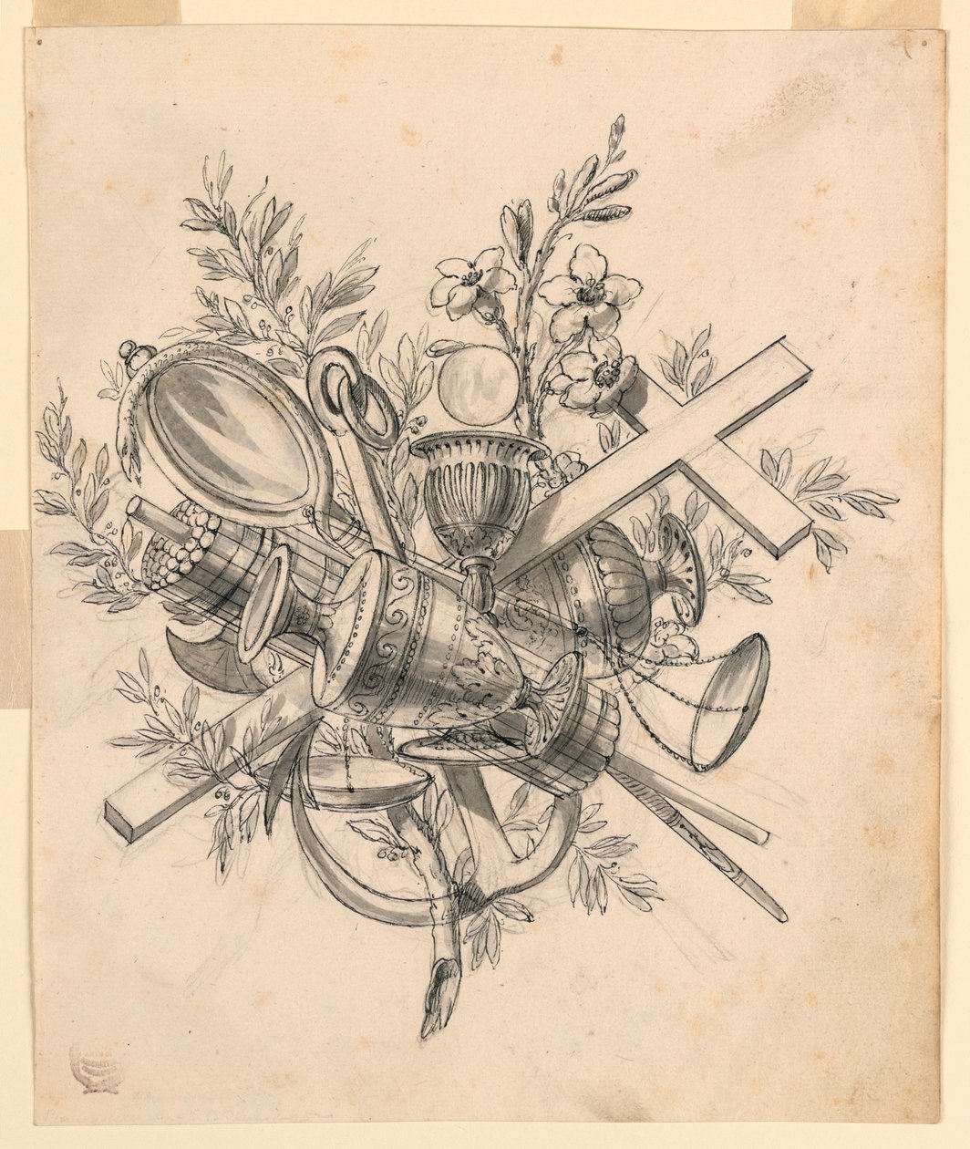 Dibujo, Trofeo con símbolos de las virtudes, 1830-1850 de Romolo Achille Liverani