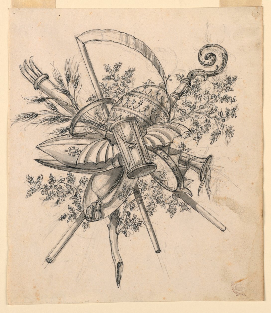 Dibujo, Trofeo con reloj de arena alado, 1830-1850 de Romolo Achille Liverani