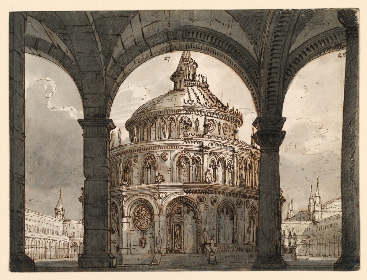 Diseño de escenario, atrio con el templo de los hospitalarios para la ópera "La Straniera" de Vincenzo Bellini de Romolo Achille Liverani