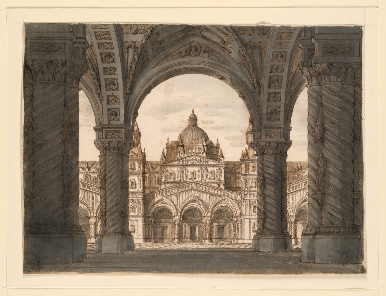 Diseño de escenario, fachada de iglesia desde una logia, I due Valdomiri de Felice Romani, música de Pietro de Winter. Representado en La Scala, Milán, 1818 de Romolo Achille Liverani