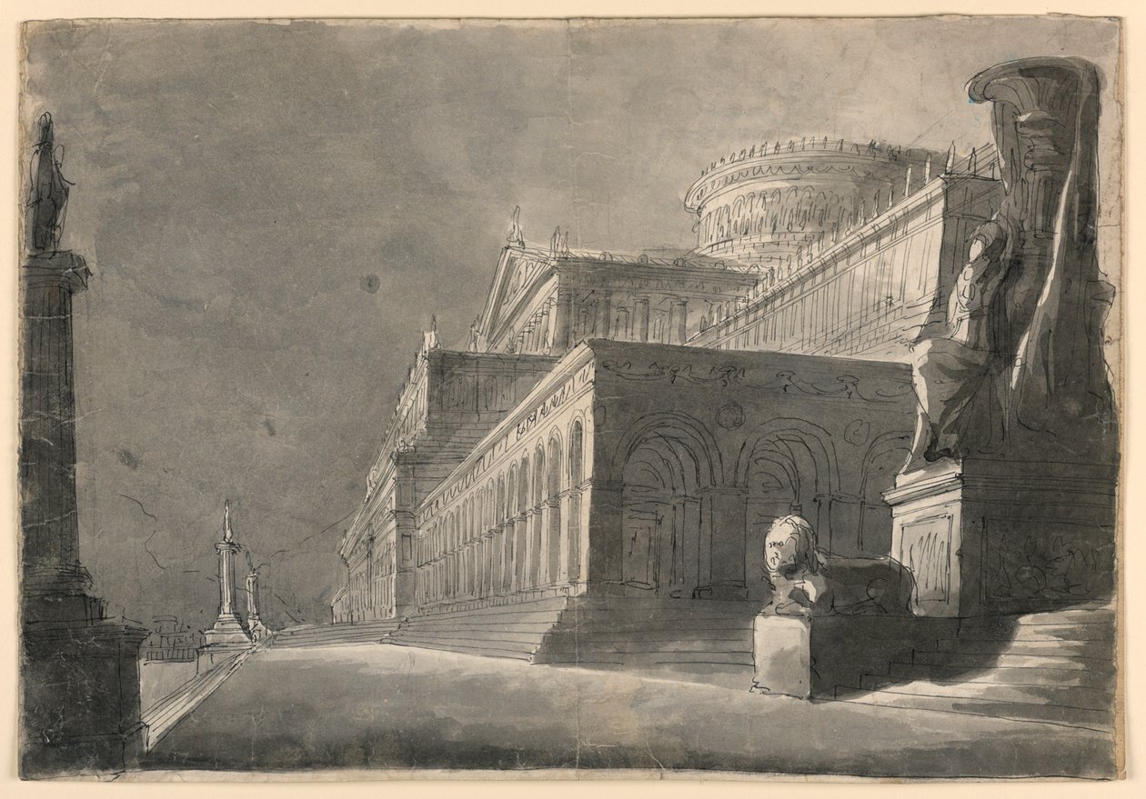 Diseño escénico, exterior de un palacio enorme de Romolo Achille Liverani
