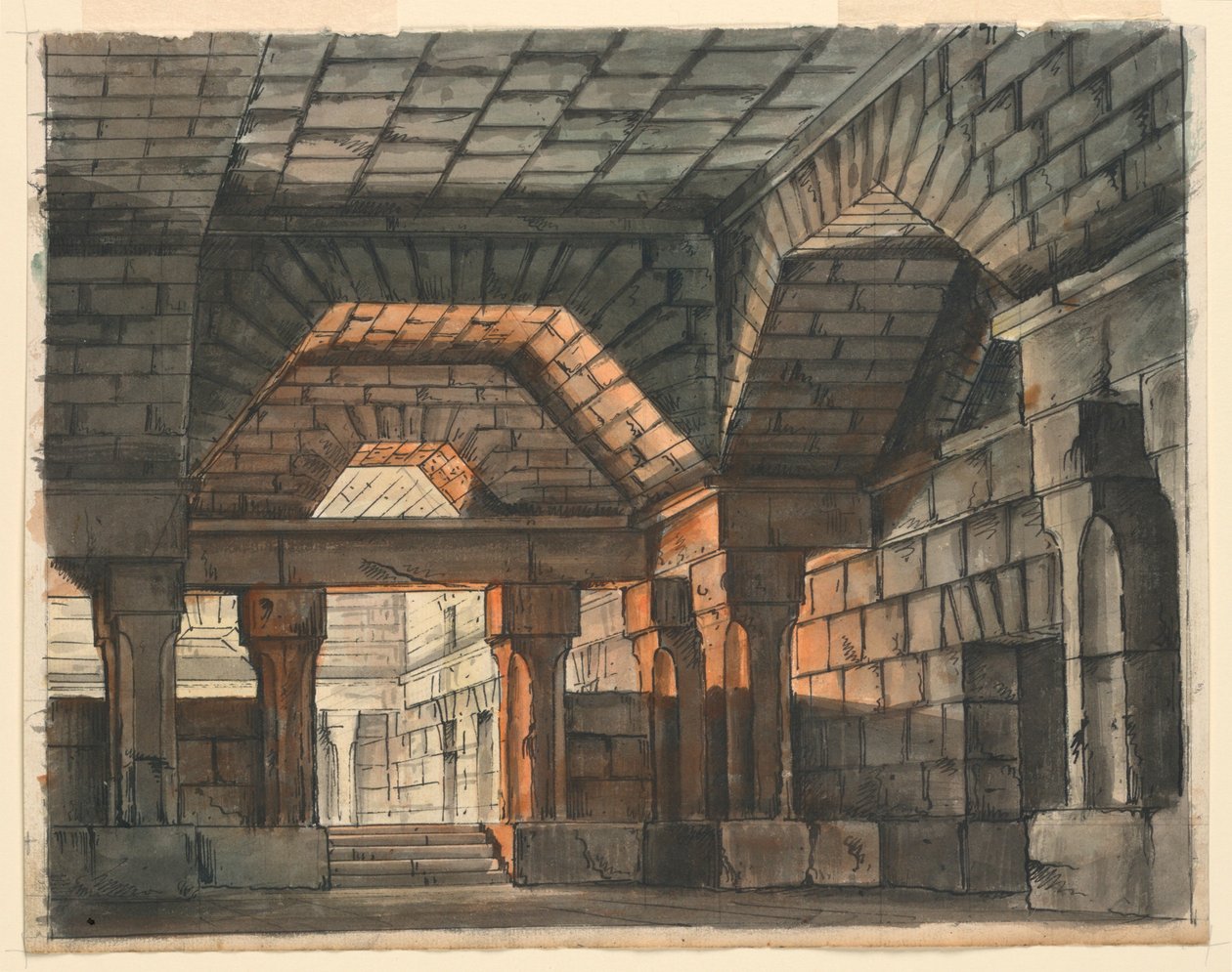 Diseño de escenario, interior del castillo fortificado para "Ciro en Babilonia" de Gioachino Rossini, La Scala, Milán, 1818, "Prigione Sotterranea" de Romolo Achille Liverani