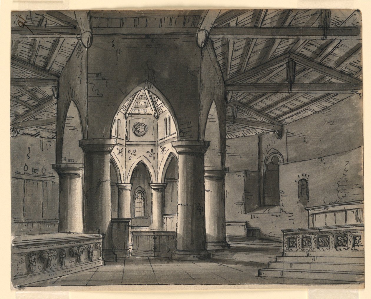 Diseño de escenario, interior de capilla gótica de Romolo Achille Liverani