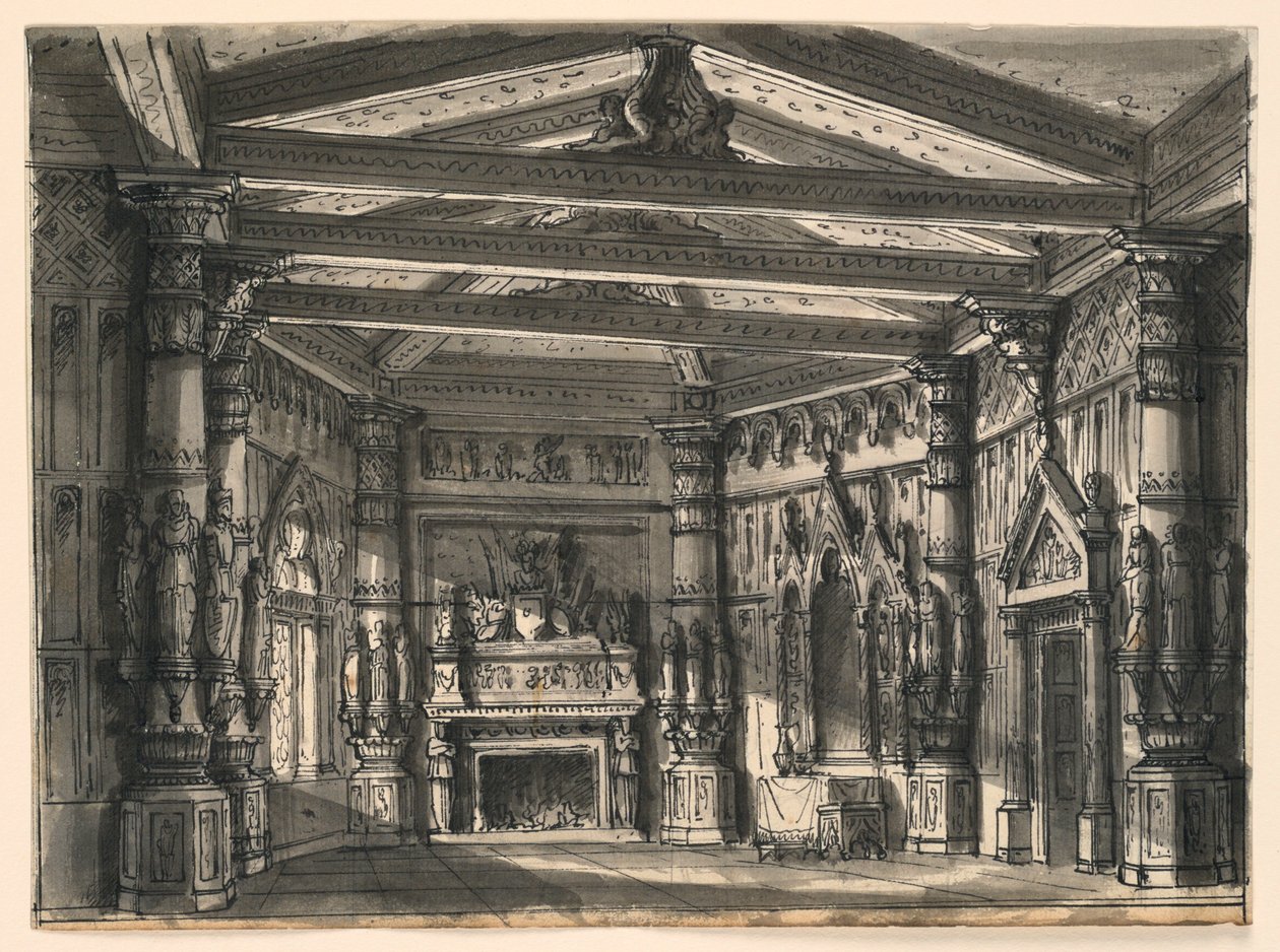 Diseño de escenario, interior de salón gótico de Romolo Achille Liverani