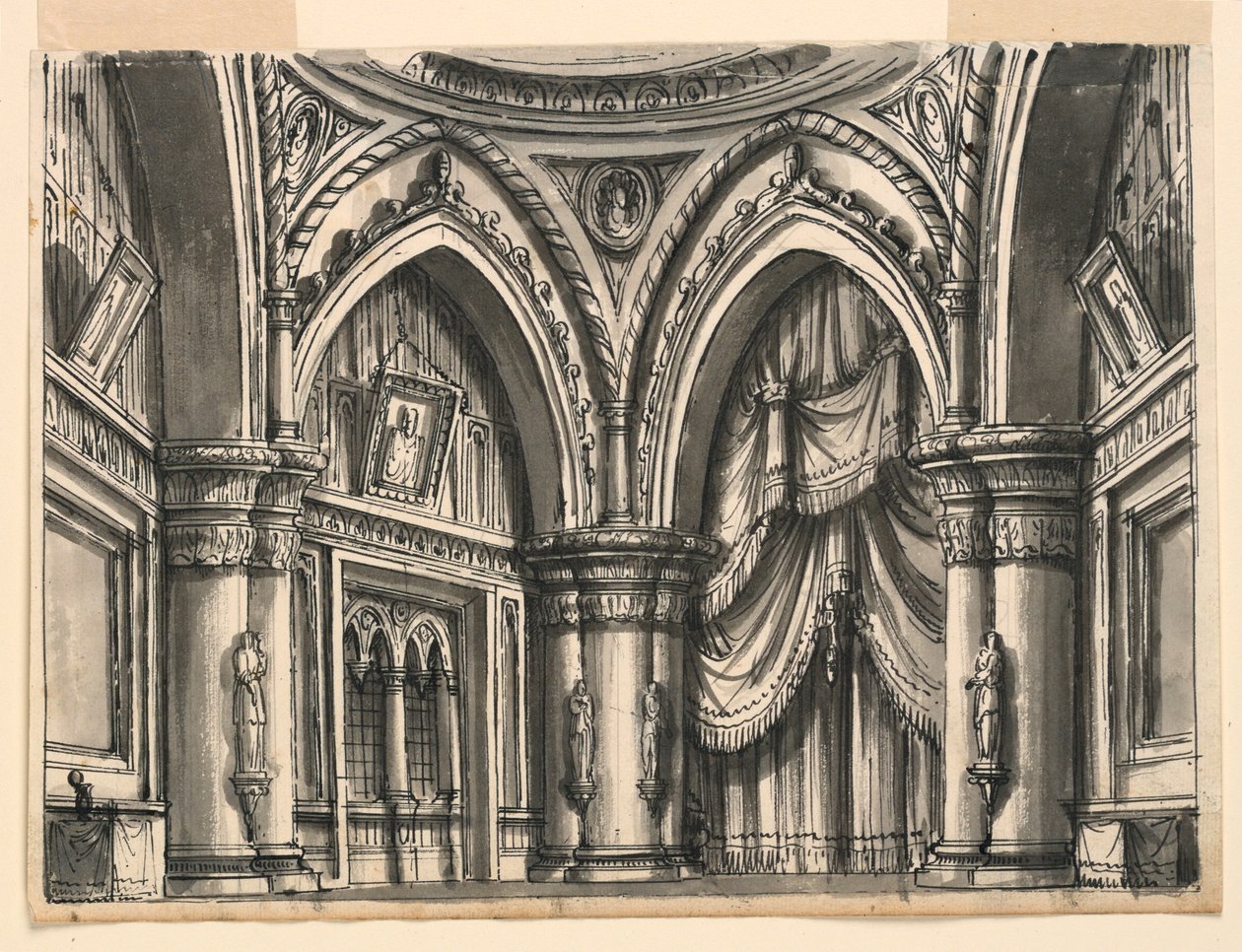 Diseño Escénico, Interior de Sala Gótica Alta con Arcos Ojivales de Romolo Achille Liverani